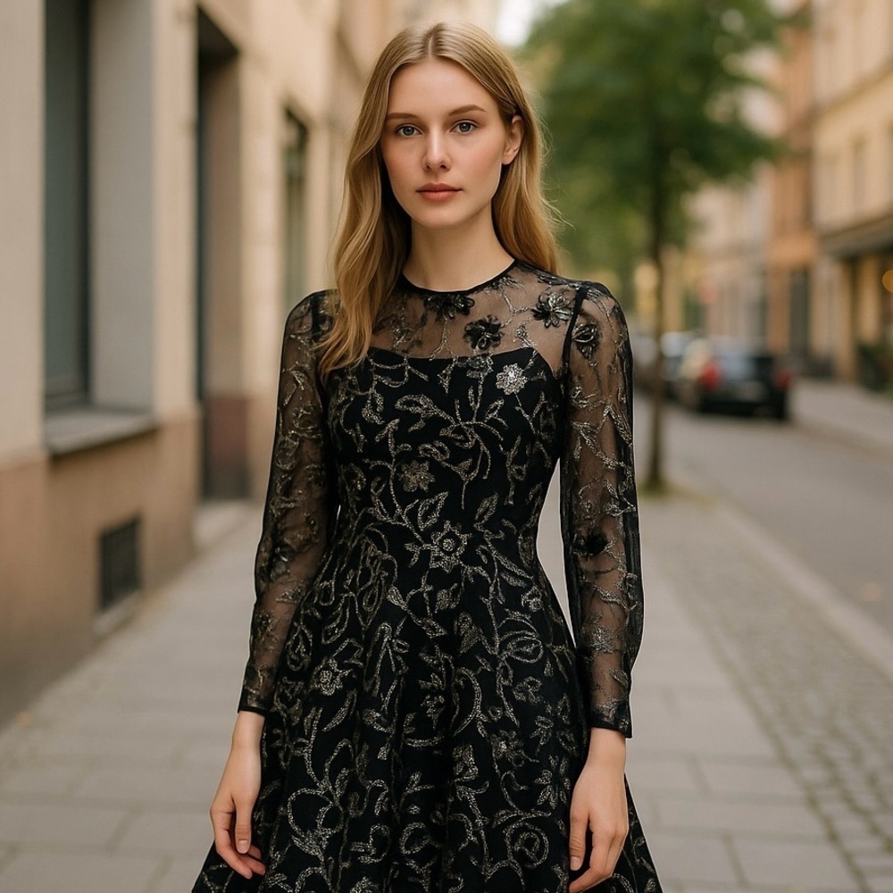 Vintage RICHILENE Lurex Velour Floral Dress Size XS Black & Gold Cocktail Party